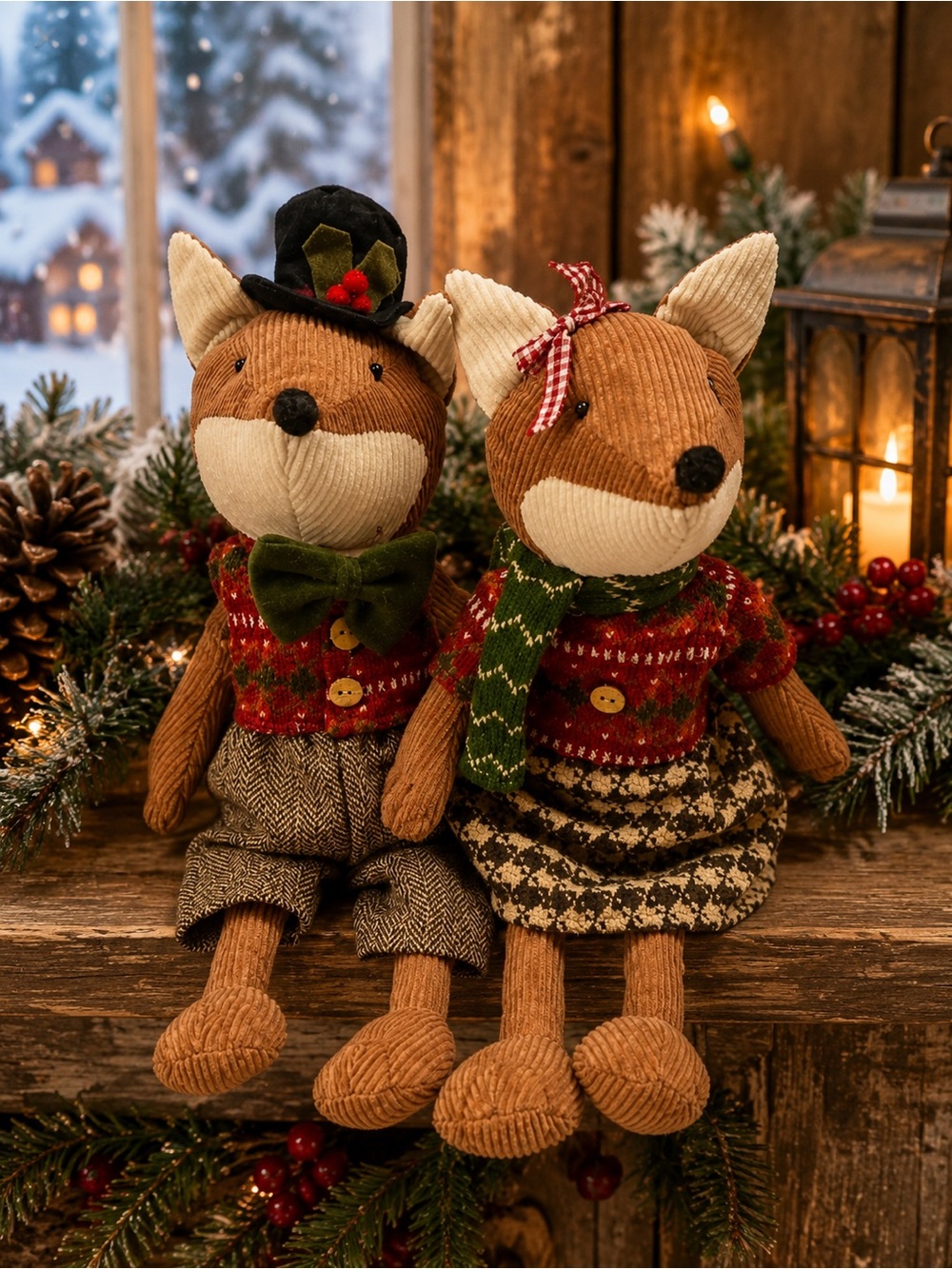 Christmas Fox Plush Pair Weighted Shelf Sitters Red Green Winter Holiday Decor